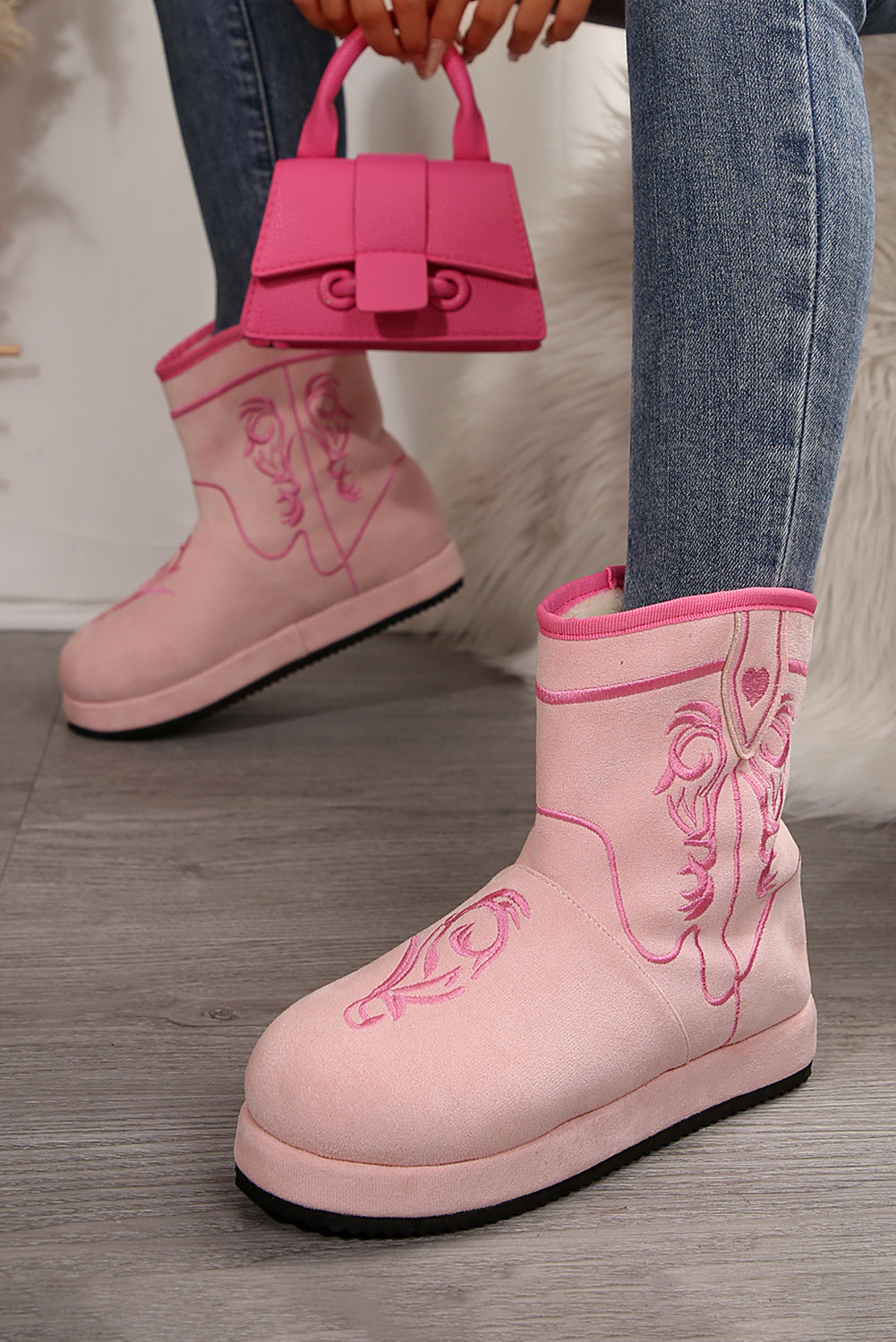 Pink Embroidered Thick Soled Plush Lined Boots