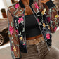 Floral Embroidery Baseball Collar Long Sleeve Coat Sheer Mesh Patch Zip Up Jacket