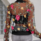 Floral Embroidery Baseball Collar Long Sleeve Coat Sheer Mesh Patch Zip Up Jacket