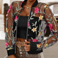 Floral Embroidery Baseball Collar Long Sleeve Coat Sheer Mesh Patch Zip Up Jacket