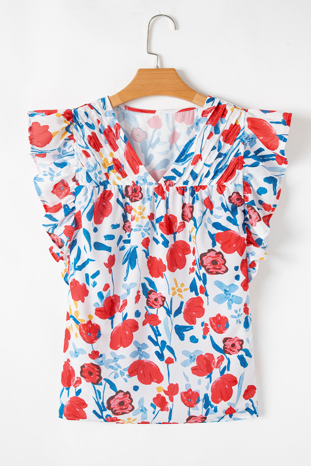 Red Flowers Pintuck Detail V-Neck Ruffled Sleeve Top