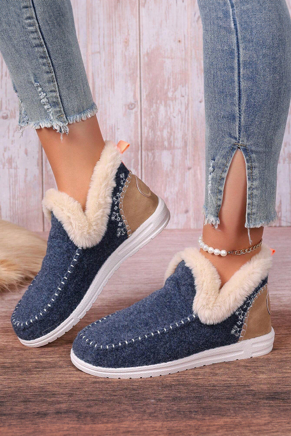 Blue Suede Stitching Patchwork Plush Lined Anklet Boots