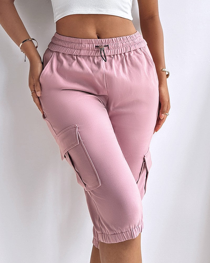 Side Pockets Drawstring Waist Cropped Cargo Pants