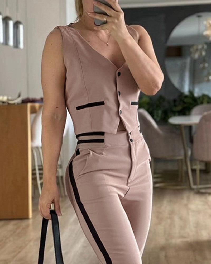 Striped Sleeveless Slim Fit Front Button Vest Set Contrast Binding High Waisted Cropped Skinny Pants Casual Set