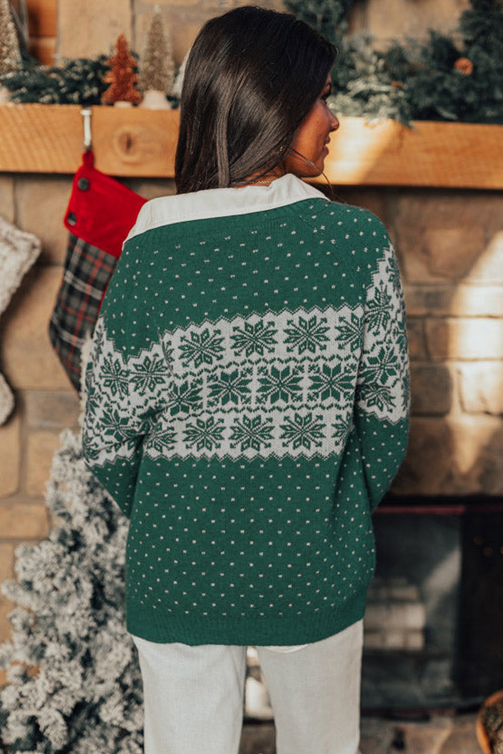 Green Christmas Snowflake Pattern Drop Shoulder Plus Size Sweater