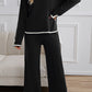 Black Contrast Trim Split Cuffs Long 2pcs Sweater Outfit Loungewear