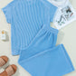 Blue Solid Corded Knit Short Sleeve T Shirt and Wide Leg Pants Set