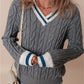 Medium Grey Color Contrast Ribbed Edge Cable Knit V Neck Sweater