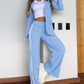 2 Piece Stripe Print Notched Collar Long Sleeve Coat Slit Straight Pants Work Pants Set