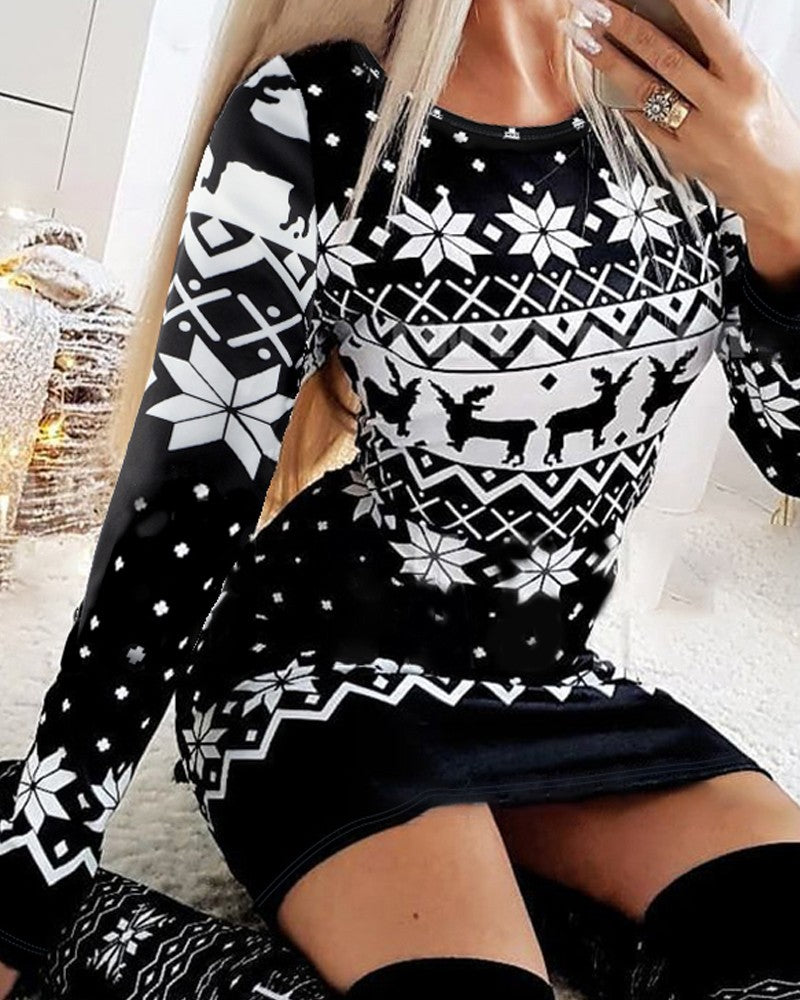 Christmas Snowflake Elk Print Crewneck Bodycon Dress Slim Fit Long Sleeve Mini Dress