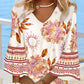 Tribal Floral Print Bell Sleeve V Neck Straight Mini Dress Vacation Dress