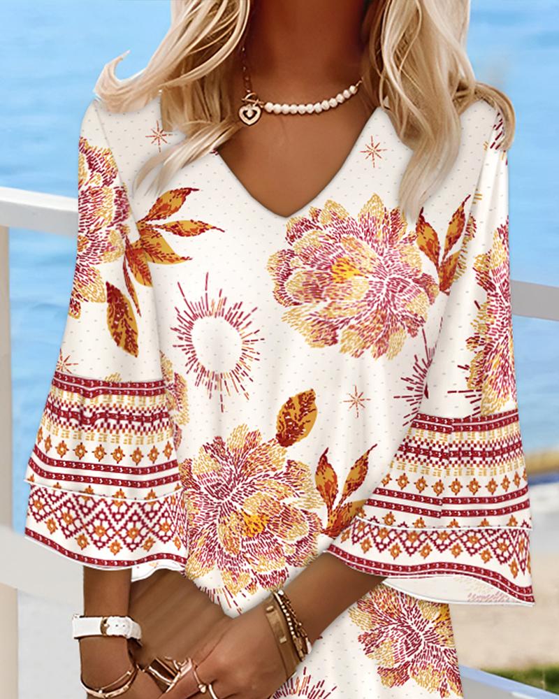 Tribal Floral Print Bell Sleeve V Neck Straight Mini Dress Vacation Dress