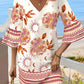 Tribal Floral Print Bell Sleeve V Neck Straight Mini Dress Vacation Dress