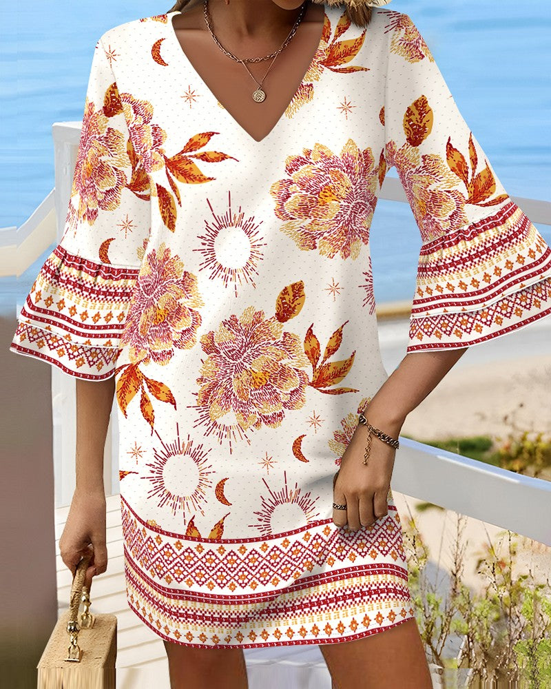 Tribal Floral Print Bell Sleeve V Neck Straight Mini Dress Vacation Dress