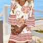 Tribal Floral Print Bell Sleeve V Neck Straight Mini Dress Vacation Dress