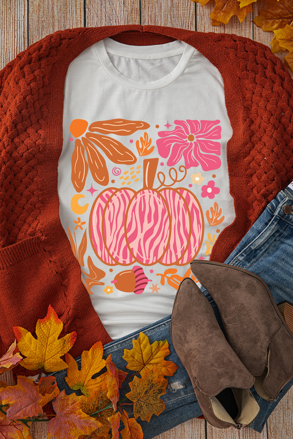 White Floral Pumpkin Printed Crewneck Thanksgiving T Shirt