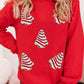 Red Playful Christmas Tree Patched Dropped Shoulder Sweatshirt