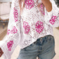 White Contrast Flower Print Eyelet Drop Shoulder Sweater