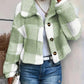 Plaid Pattern Turn down Collar Button Front Teddy Coat