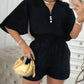 2 Pieces V Neck Button Decor Bell Sleeve Top and Casual Drawstring Stechy Waist Shorts Set