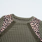 Moss Green Leopard Print Crochet Patchwork Rib Textured Knit Top