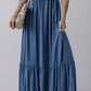 Sail Blue Solid Color Lace up High Waist Tiered Maxi Skirt