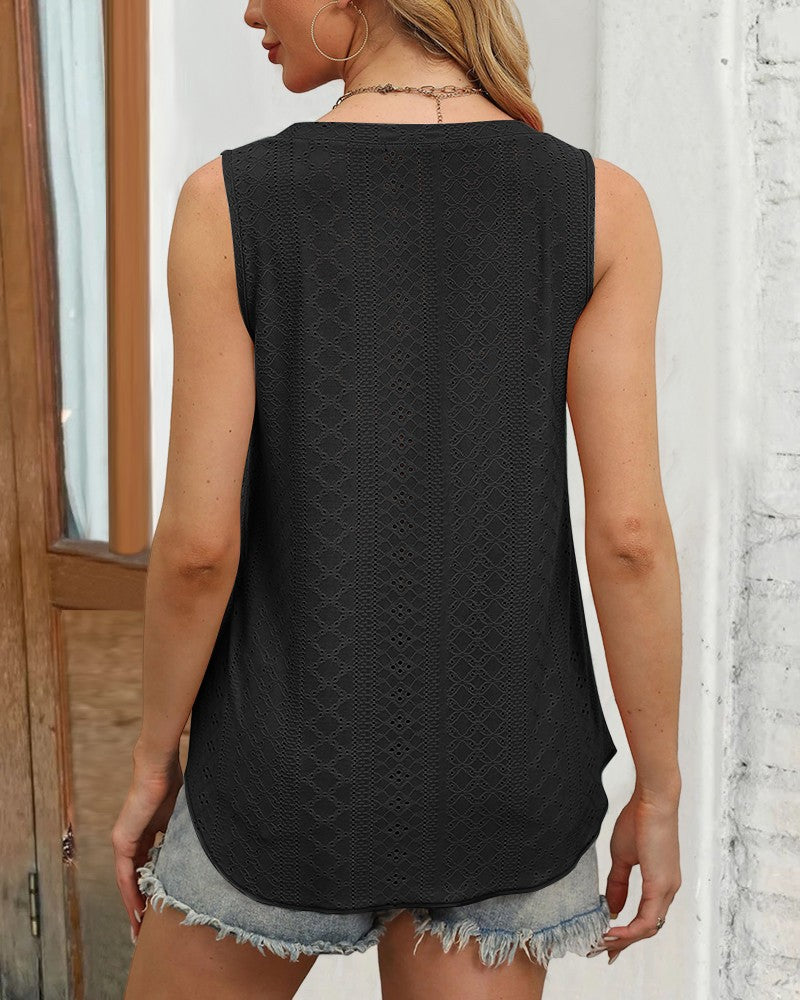 V Neck Sleeveless Thick Strap Hollow out Knit Tank Causal Top