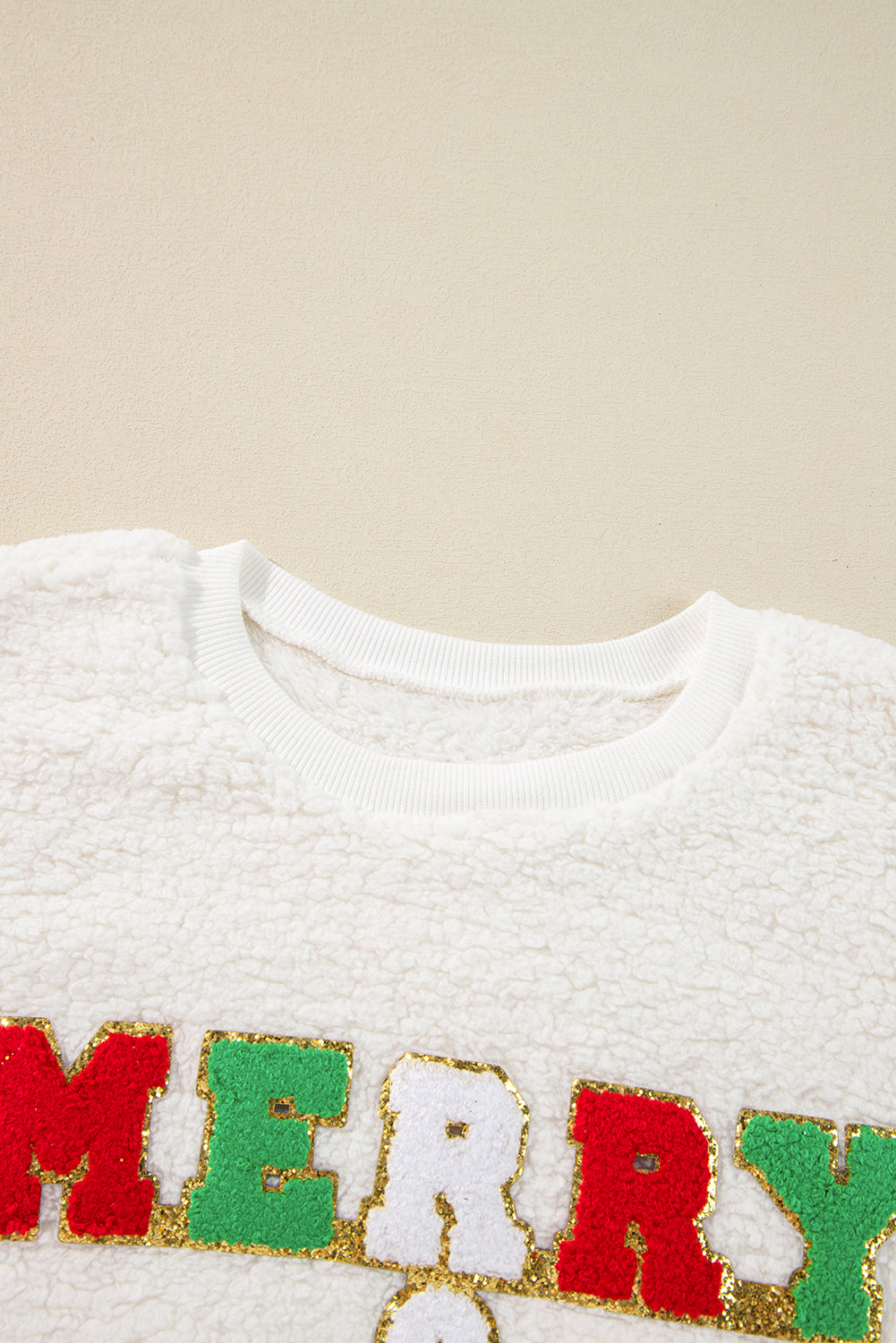 White Christmas MERRY & Bright Chenille Graphic Sherpa Sweatshirt