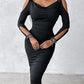 Rhinestone Decor Cold Shoulder Ruched Bodycon Dress