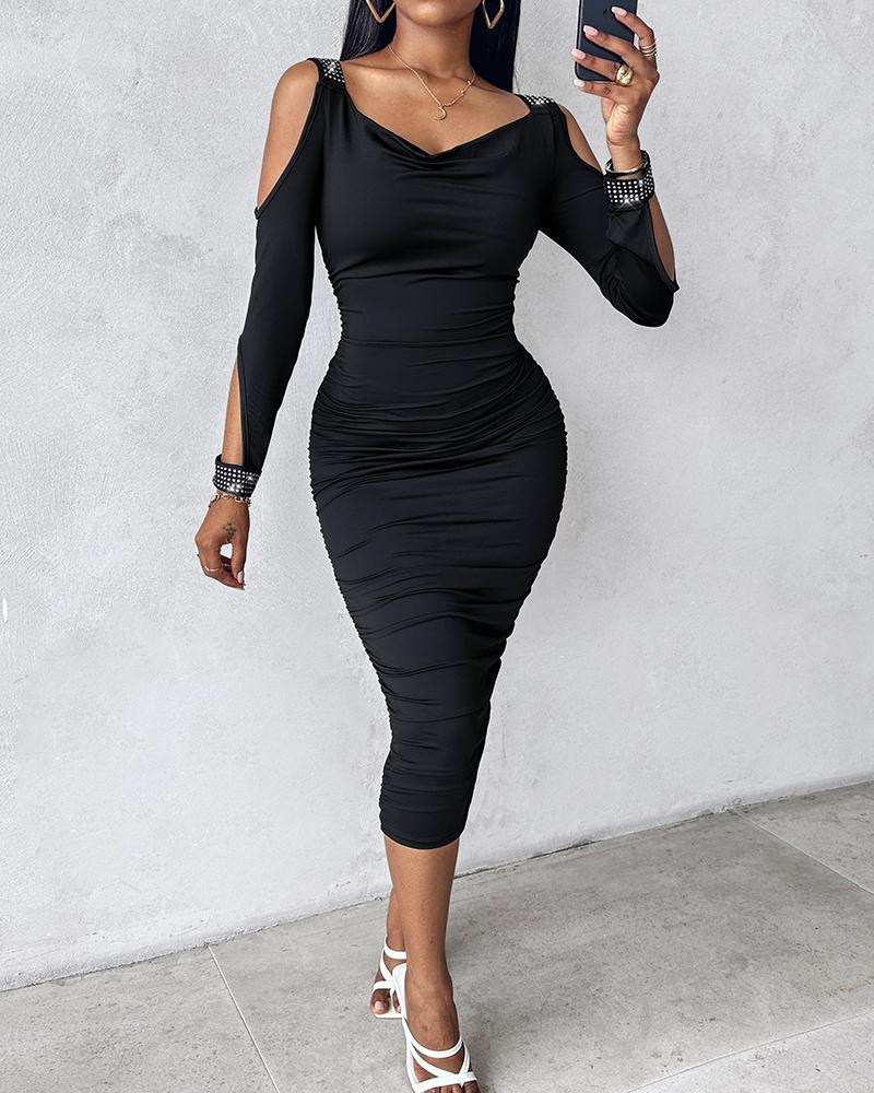 Rhinestone Decor Cold Shoulder Ruched Bodycon Dress