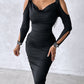 Rhinestone Decor Cold Shoulder Ruched Bodycon Dress