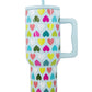 Beau Blue Heart Shape Print Handle Large Vacuum Cup 40oz