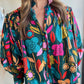 Green Floral Knot Split Neck Puff Sleeve Blouse