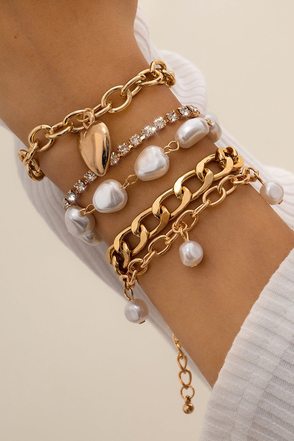 Gold Heart Pendant Pearl Rhinestone Chain Bracelet Set