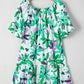 Green Floral Print Shirred Square Neck Loose Fit Mini Dress