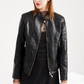 Black Quilted Detail Zip Leatherette Moto Jacket