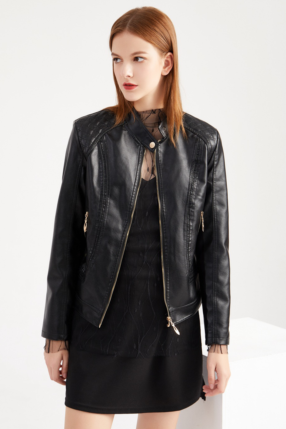 Black Quilted Detail Zip Leatherette Moto Jacket