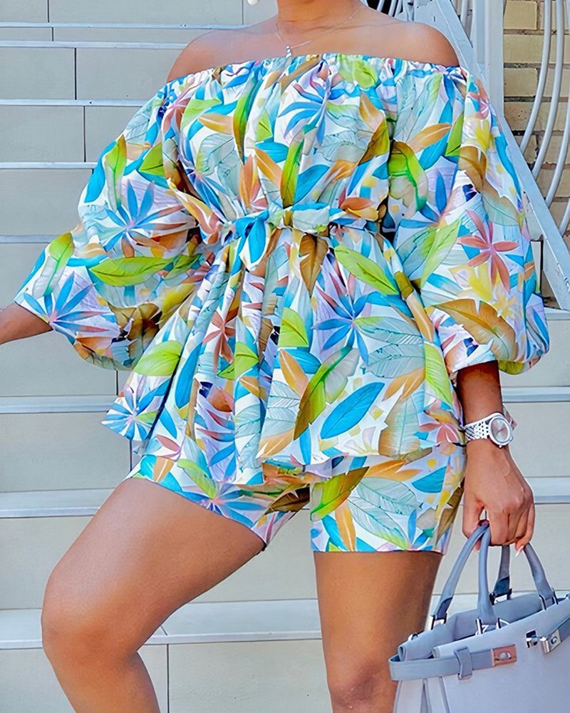 Leaf Print Off Shoulder Belted Top & Shorts Set