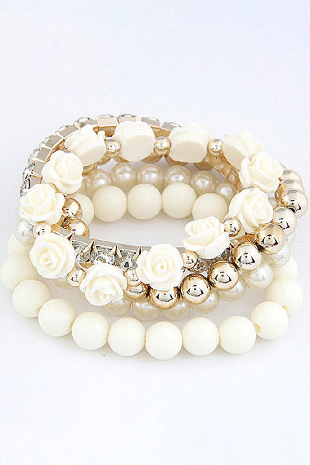 White Flower Rhinestone Beaded Multi Layer Bracelet Set