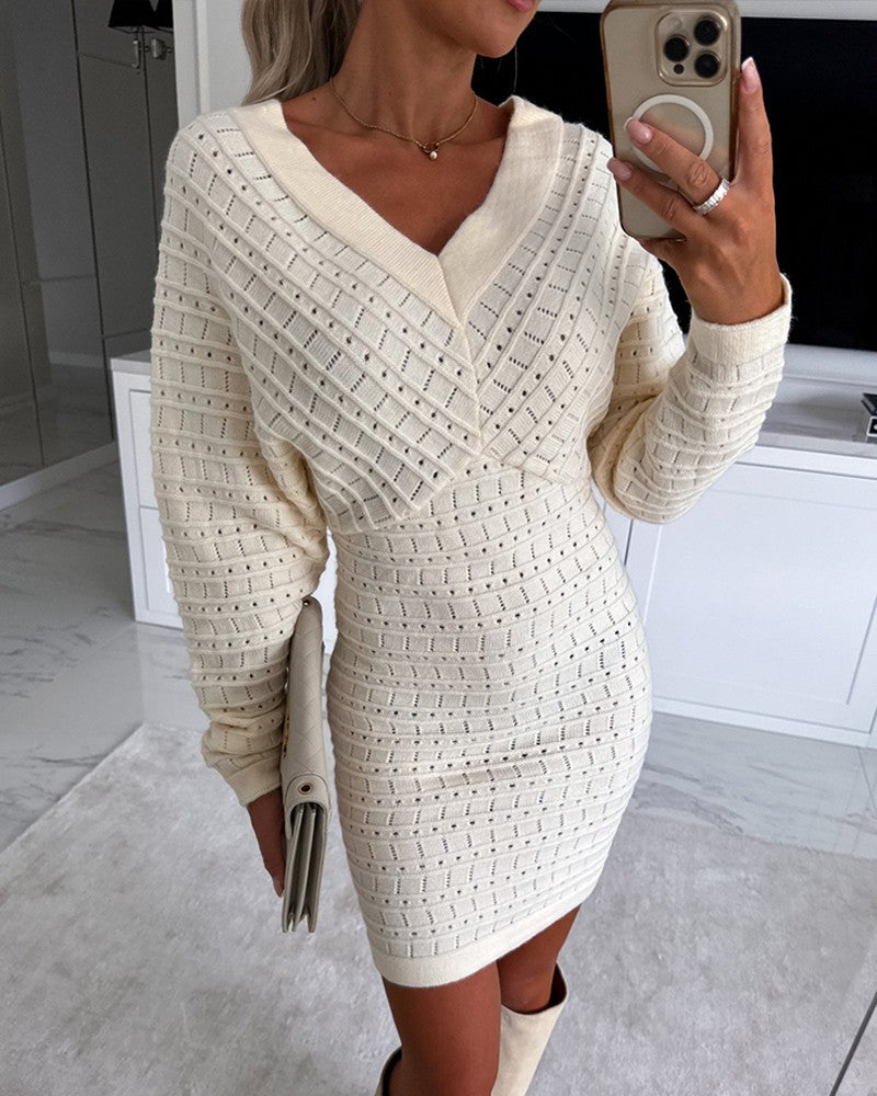 V Neck Hollow Out Long Sleeve Knit Dress