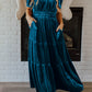 Prussian Blue Velvet Short Sleeve Shirred Waist Tiered Maxi Dress