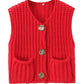 V Neck Sleeveless Button Front Knit Vest Casual Loose Fit Sweater Top with Pockets