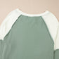 Mint Green Ribbed Colorblock Patchwork Raglan Long Sleeve Top