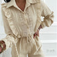 Contrast Lace Turn down Collar Long Sleeve Romper Frill Hem Drawstring Jumpsuit