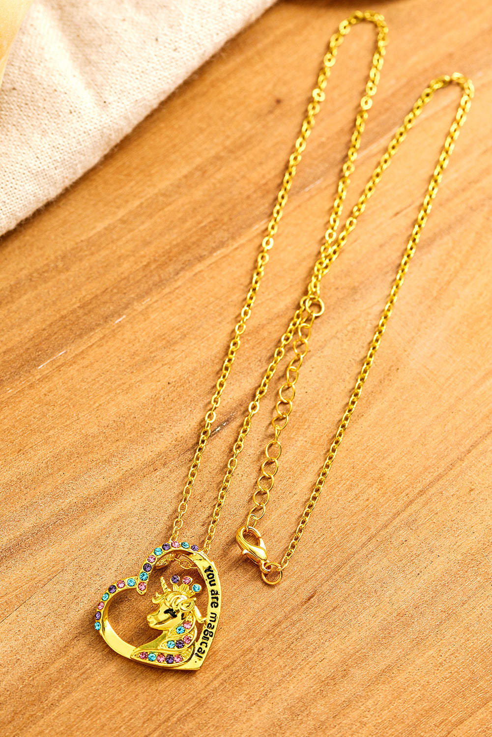 Gold Unicorn Hollow Out Heart Shape Rhinestone Pendant Necklace