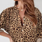 Leopard Print Stand Collar Roll Up Sleeve Sleeve Blouses Casual Shirt