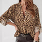 Leopard Print Stand Collar Roll Up Sleeve Sleeve Blouses Casual Shirt