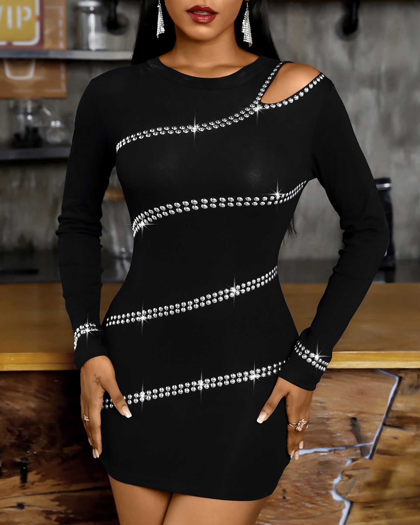 Studded One Shoulder Long Sleeve Bodycon Dress