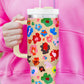 Khaki Flower Print Large Portable Cup with Handle 40OZ