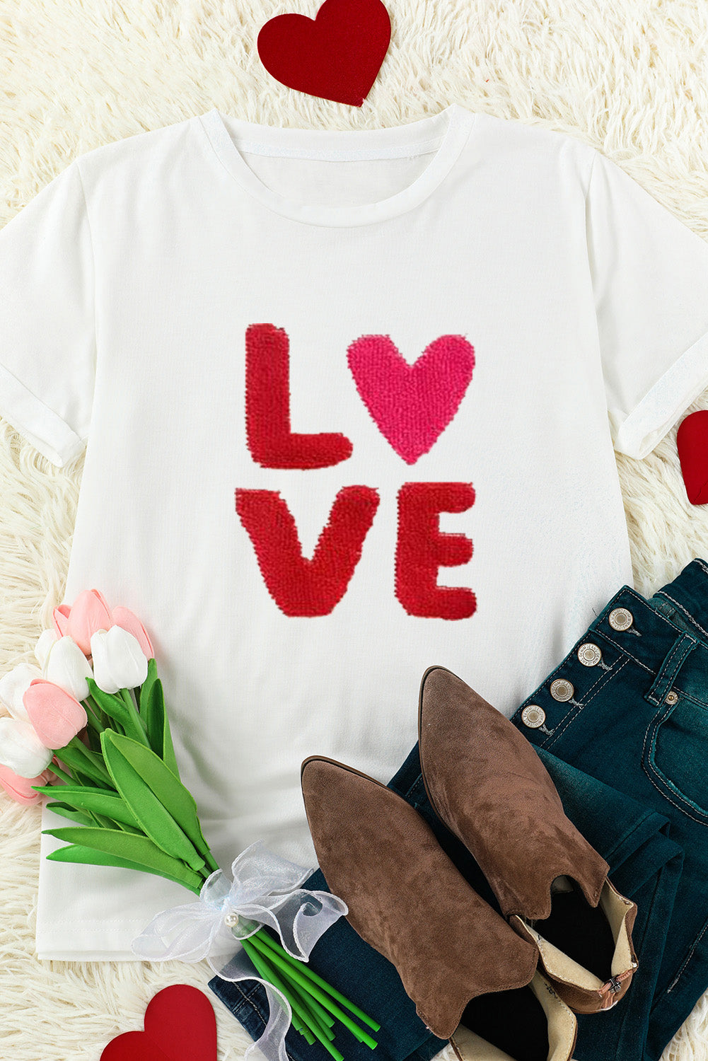 White Heart LOVE Graphic Valentines T Shirt